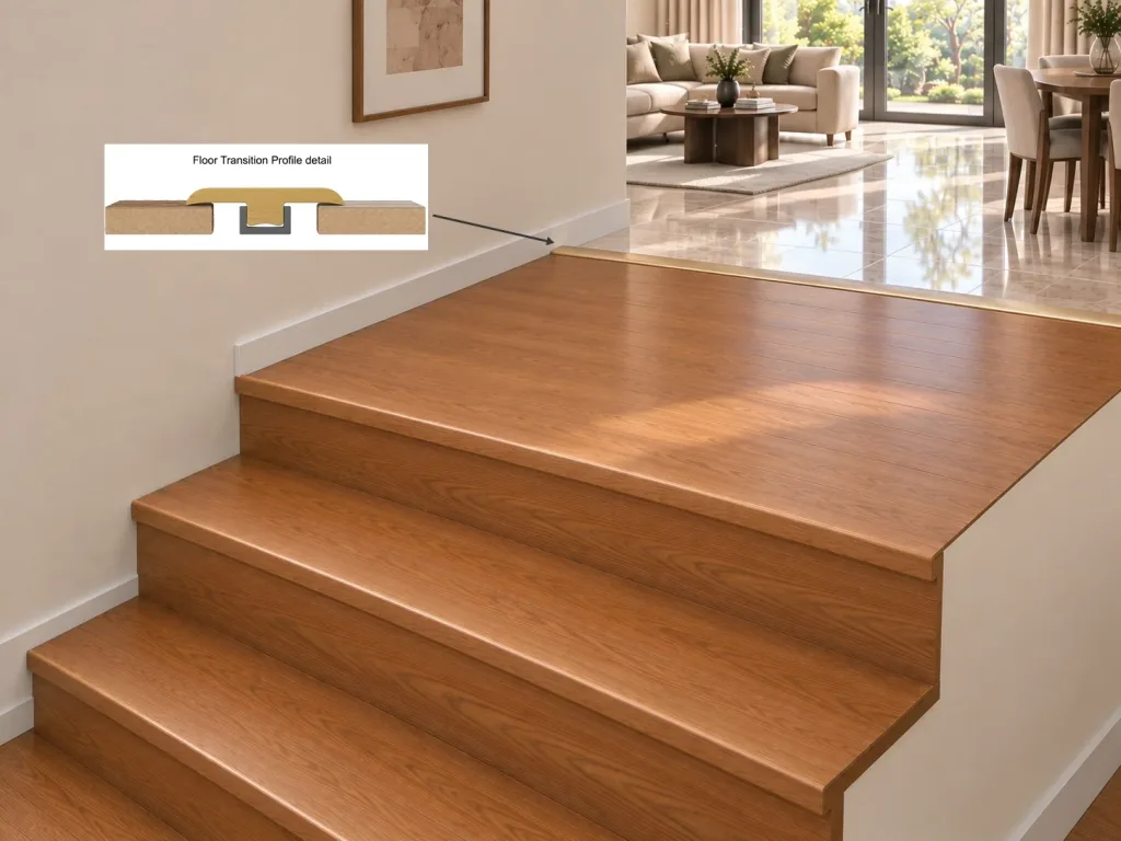 Finish B landing boards meeting the upper floor with a transition profile